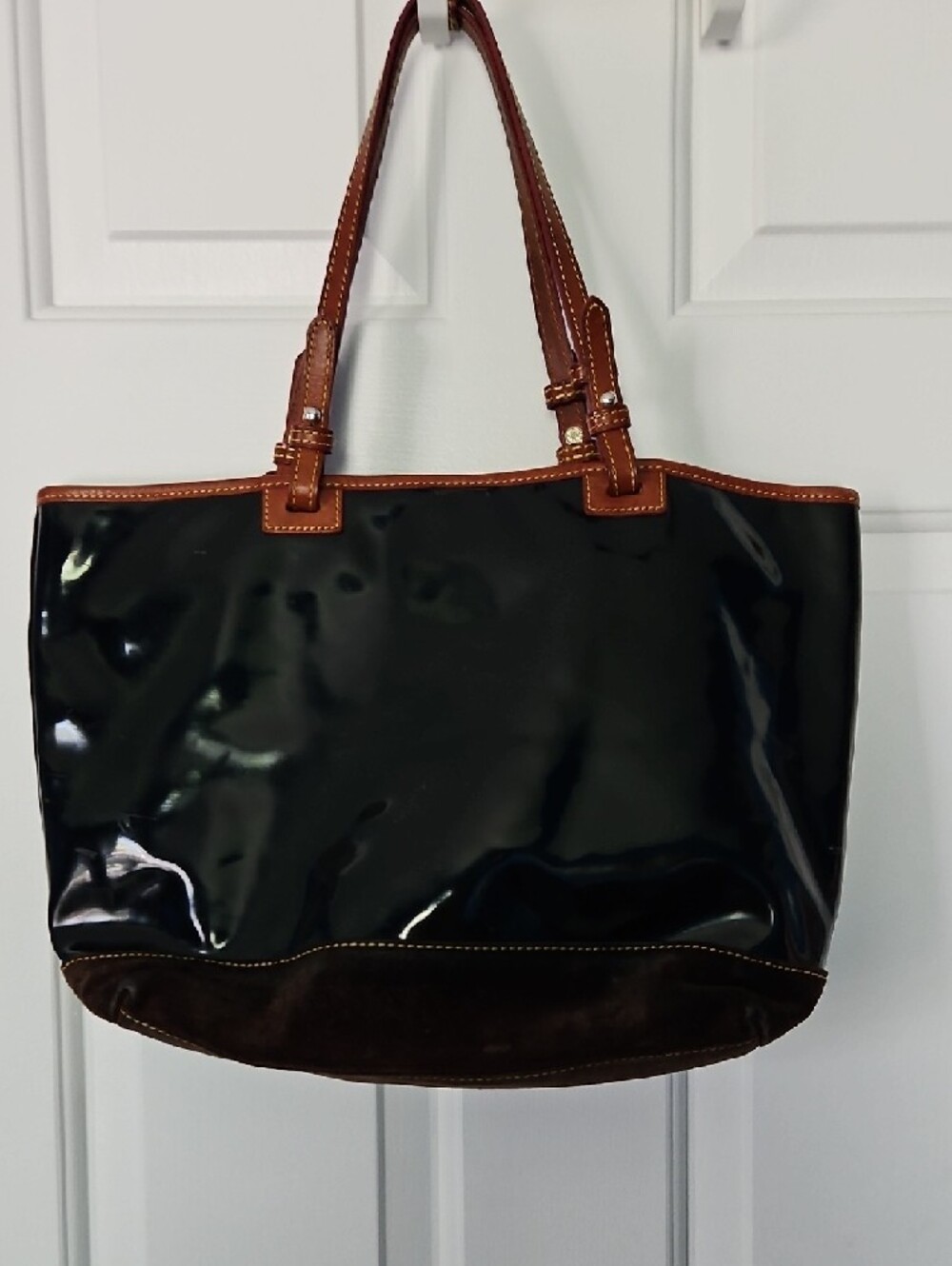 Dooney & Bourke Black Patent Tote with Brown Trim and Handles - Picture 7 of 8